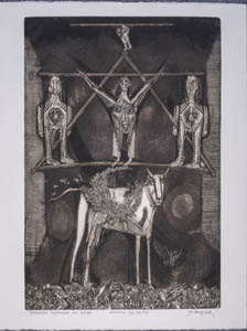 Festive Pyramid with Clowns_1989_etching_60x40